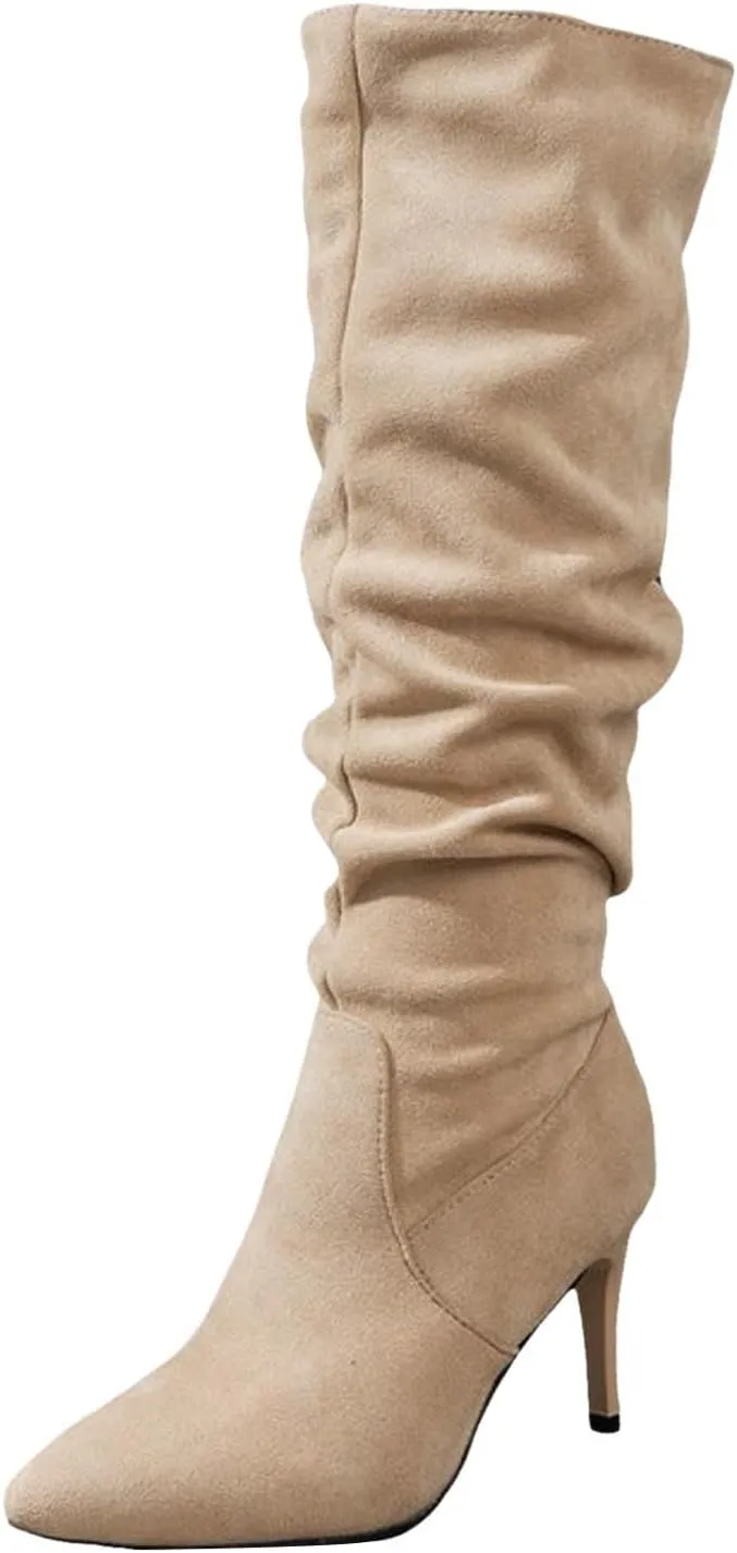 Womens Boots Pointed Toe Stiletto Pleated Knee High Boots Casual Trendy Solid Color Dressy Boots for Women