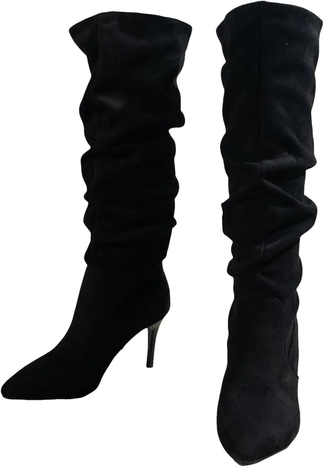 Womens Boots Pointed Toe Stiletto Pleated Knee High Boots Casual Trendy Solid Color Dressy Boots for Women