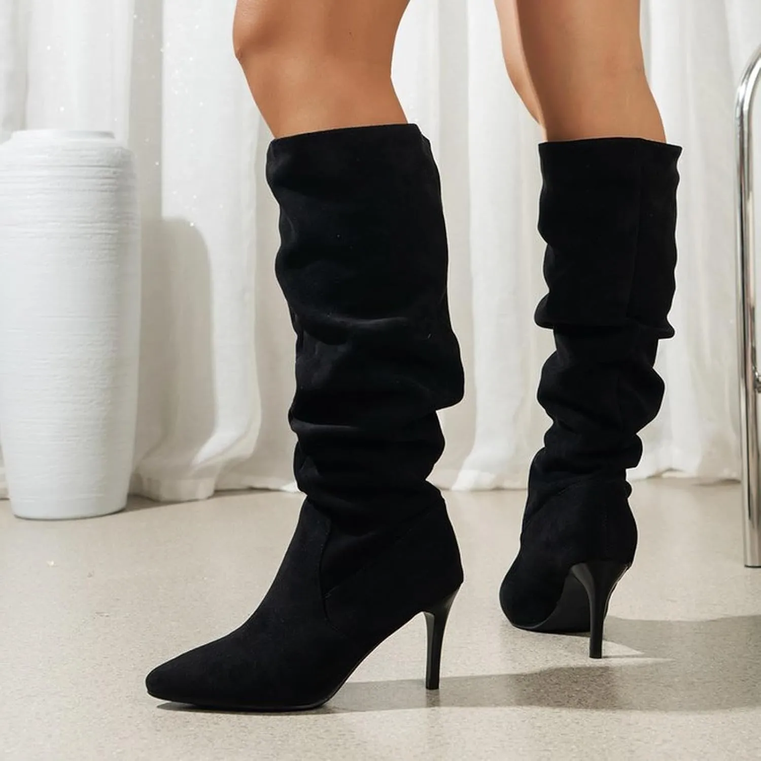 Womens Boots Pointed Toe Stiletto Pleated Knee High Boots Casual Trendy Solid Color Dressy Boots for Women