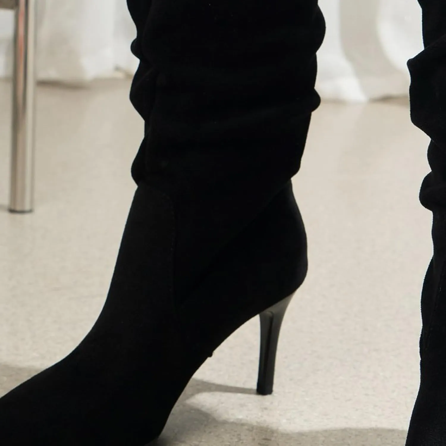 Womens Boots Pointed Toe Stiletto Pleated Knee High Boots Casual Trendy Solid Color Dressy Boots for Women