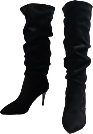 Womens Boots Pointed Toe Stiletto Pleated Knee High Boots Casual Trendy Solid Color Dressy Boots for Women