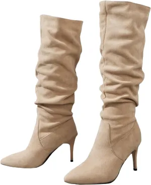 Womens Boots Pointed Toe Stiletto Pleated Knee High Boots Casual Trendy Solid Color Dressy Boots for Women