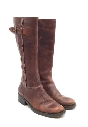 Women's Brown Knee High Leather Round Toe Riding Boots - Size 9M