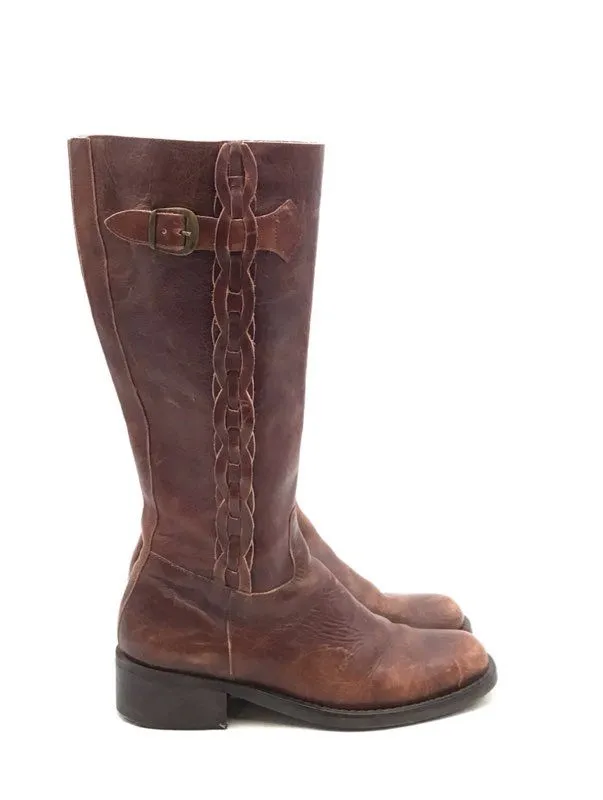 Women's Brown Knee High Leather Round Toe Riding Boots - Size 9M