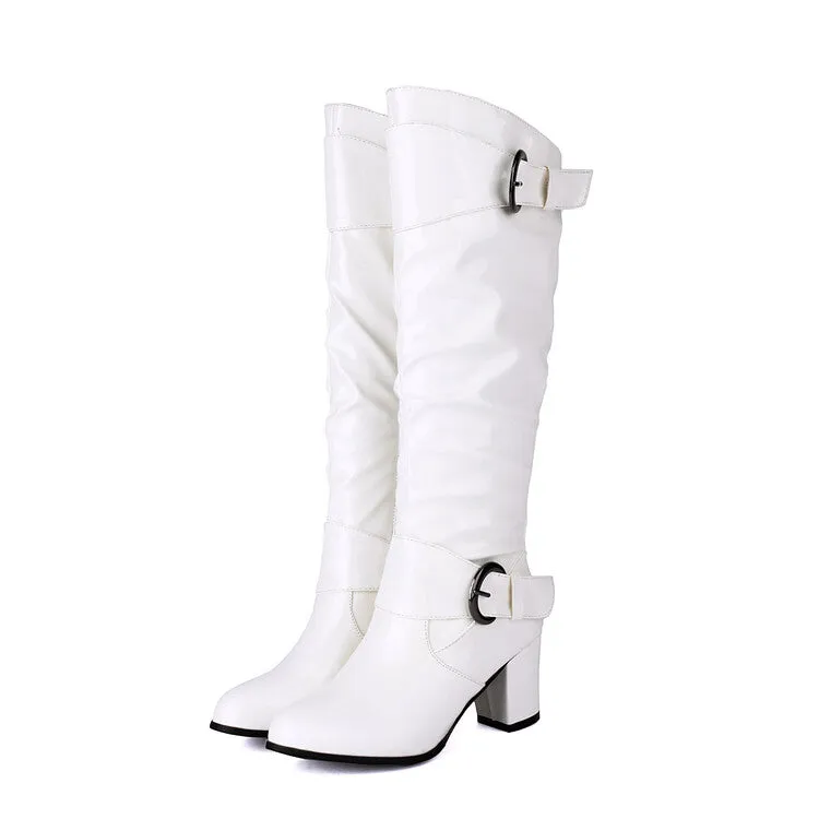 Women's Buckle Strap Patent Leather Block Heel Knee High Boots