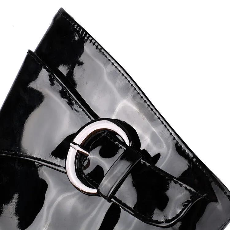 Women's Buckle Strap Patent Leather Block Heel Knee High Boots