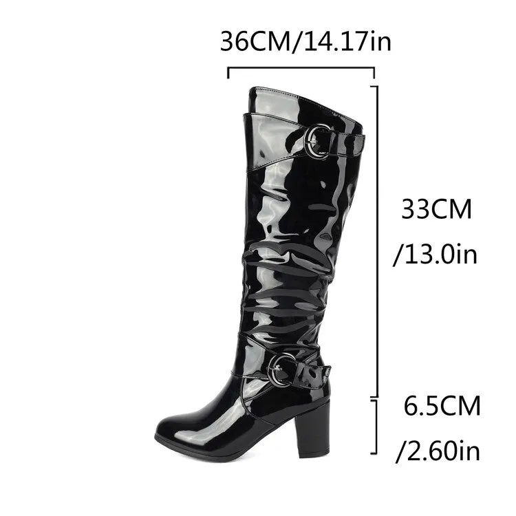 Women's Buckle Strap Patent Leather Block Heel Knee High Boots