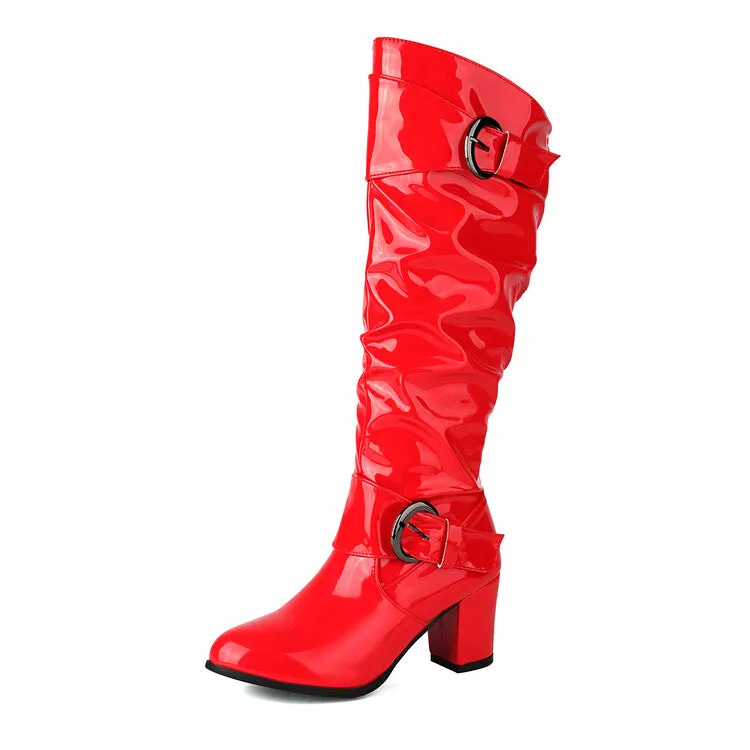 Women's Buckle Strap Patent Leather Block Heel Knee High Boots