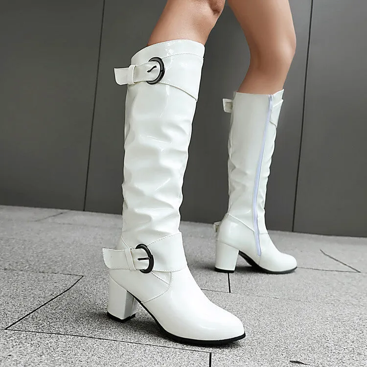 Women's Buckle Strap Patent Leather Block Heel Knee High Boots