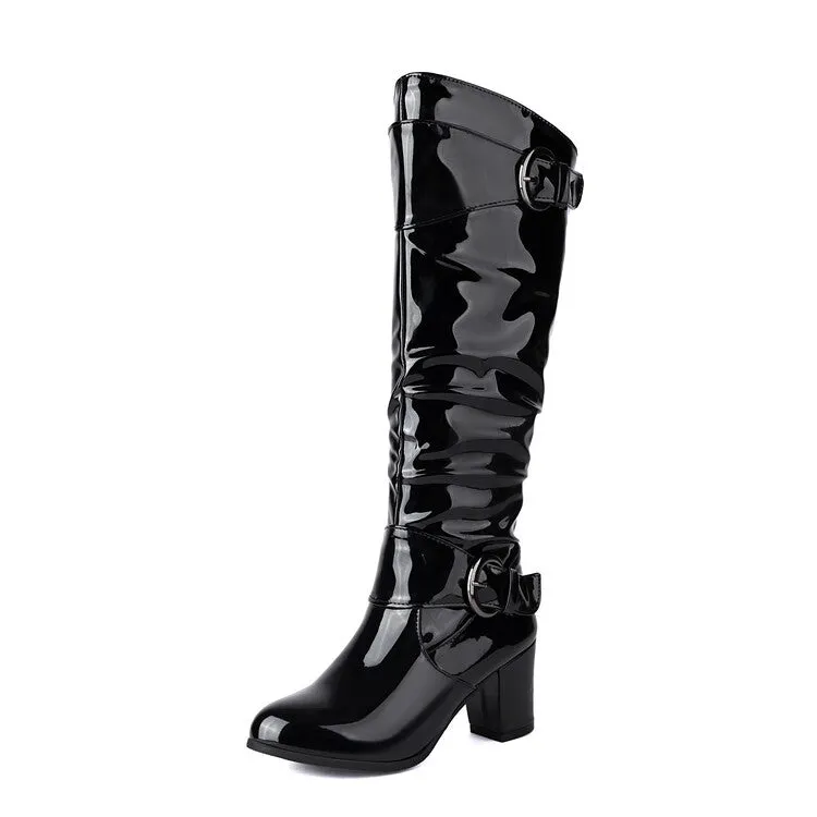 Women's Buckle Strap Patent Leather Block Heel Knee High Boots