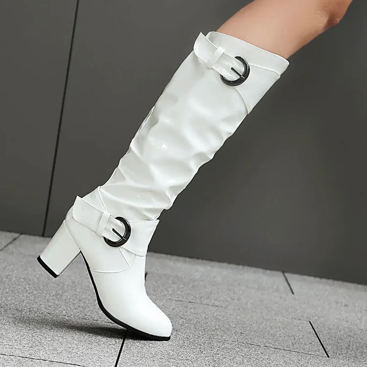 Women's Buckle Strap Patent Leather Block Heel Knee High Boots