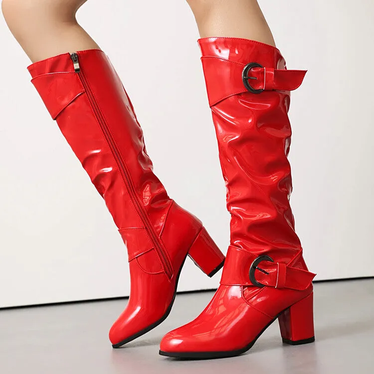 Women's Buckle Strap Patent Leather Block Heel Knee High Boots
