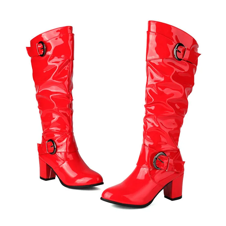Women's Buckle Strap Patent Leather Block Heel Knee High Boots