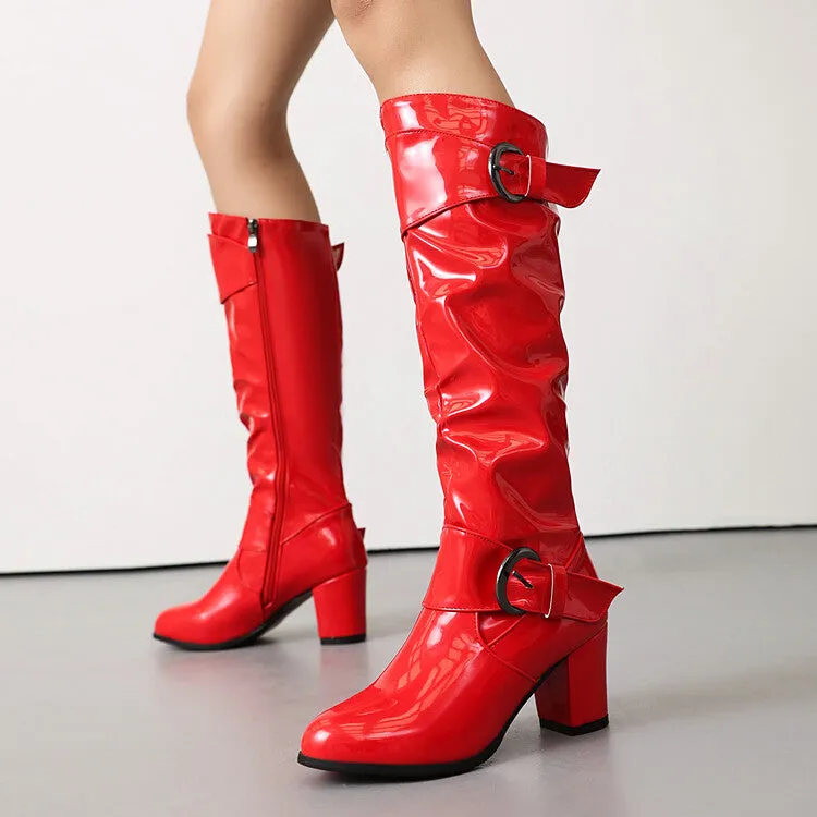 Women's Buckle Strap Patent Leather Block Heel Knee High Boots