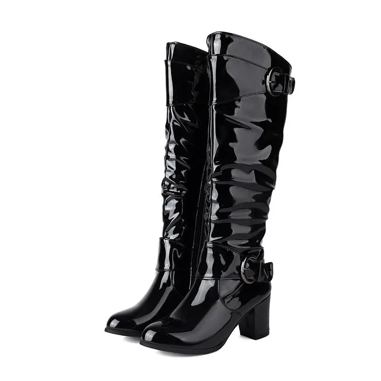 Women's Buckle Strap Patent Leather Block Heel Knee High Boots