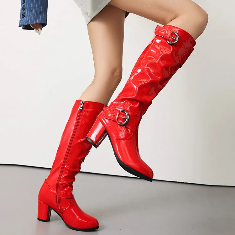 Women's Buckle Strap Patent Leather Block Heel Knee High Boots