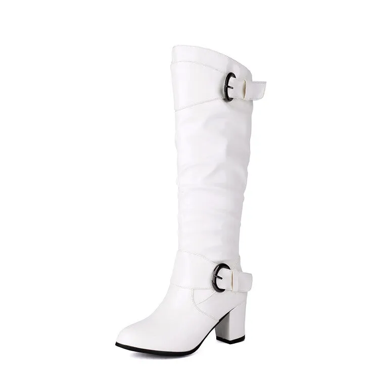 Women's Buckle Strap Patent Leather Block Heel Knee High Boots