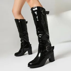 Women's Buckle Strap Patent Leather Block Heel Knee High Boots