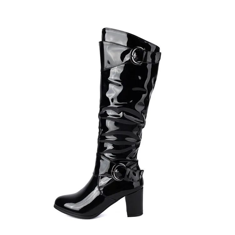 Women's Buckle Strap Patent Leather Block Heel Knee High Boots
