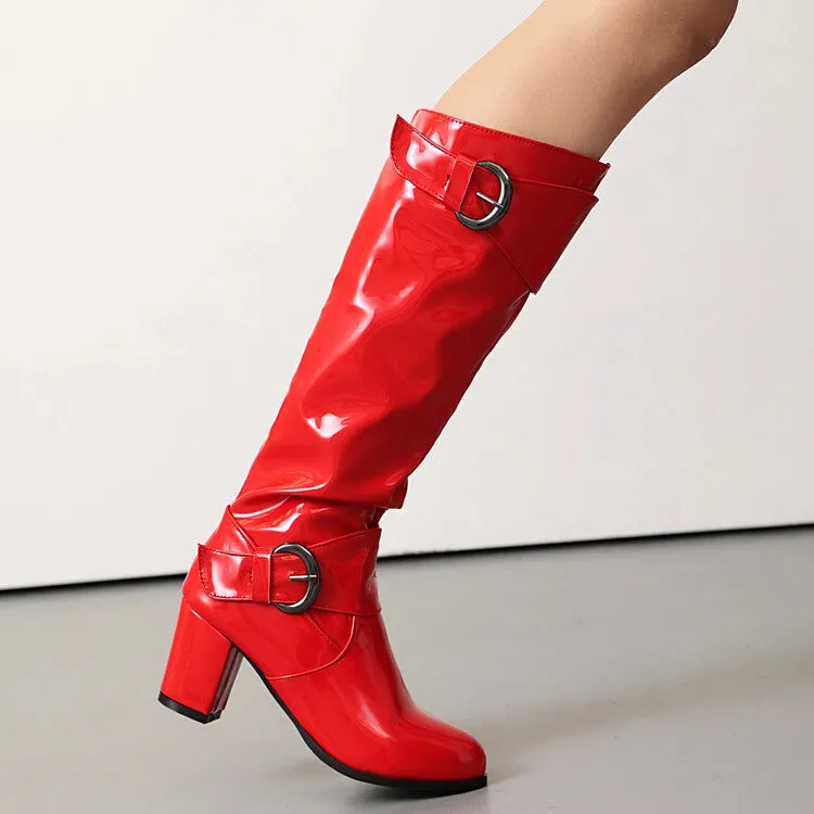 Women's Buckle Strap Patent Leather Block Heel Knee High Boots