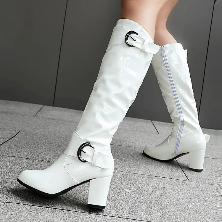 Women's Buckle Strap Patent Leather Block Heel Knee High Boots