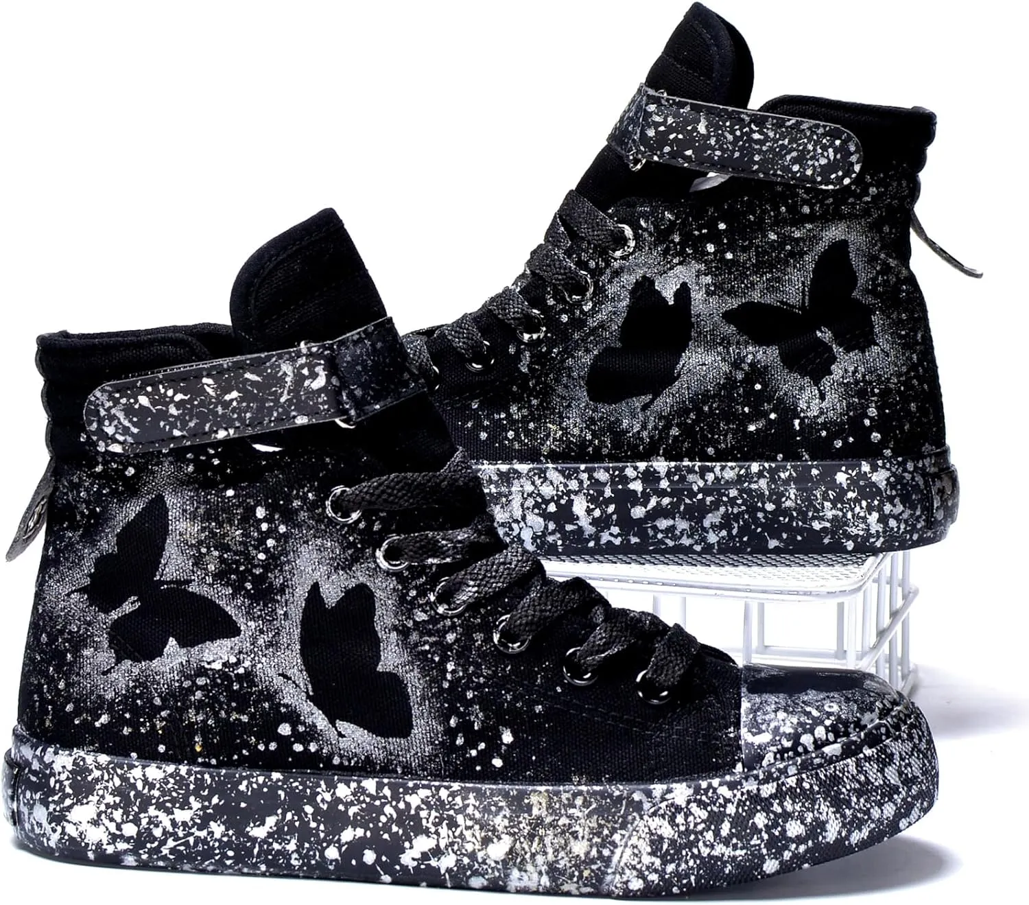 Women's Butterfly Pattern Sneakers Hand-Painted Fashion High Top Casual Lace Up Outdoor Shoes with Hook-and-Loop All-Season Comfort Easy Wear Shoes