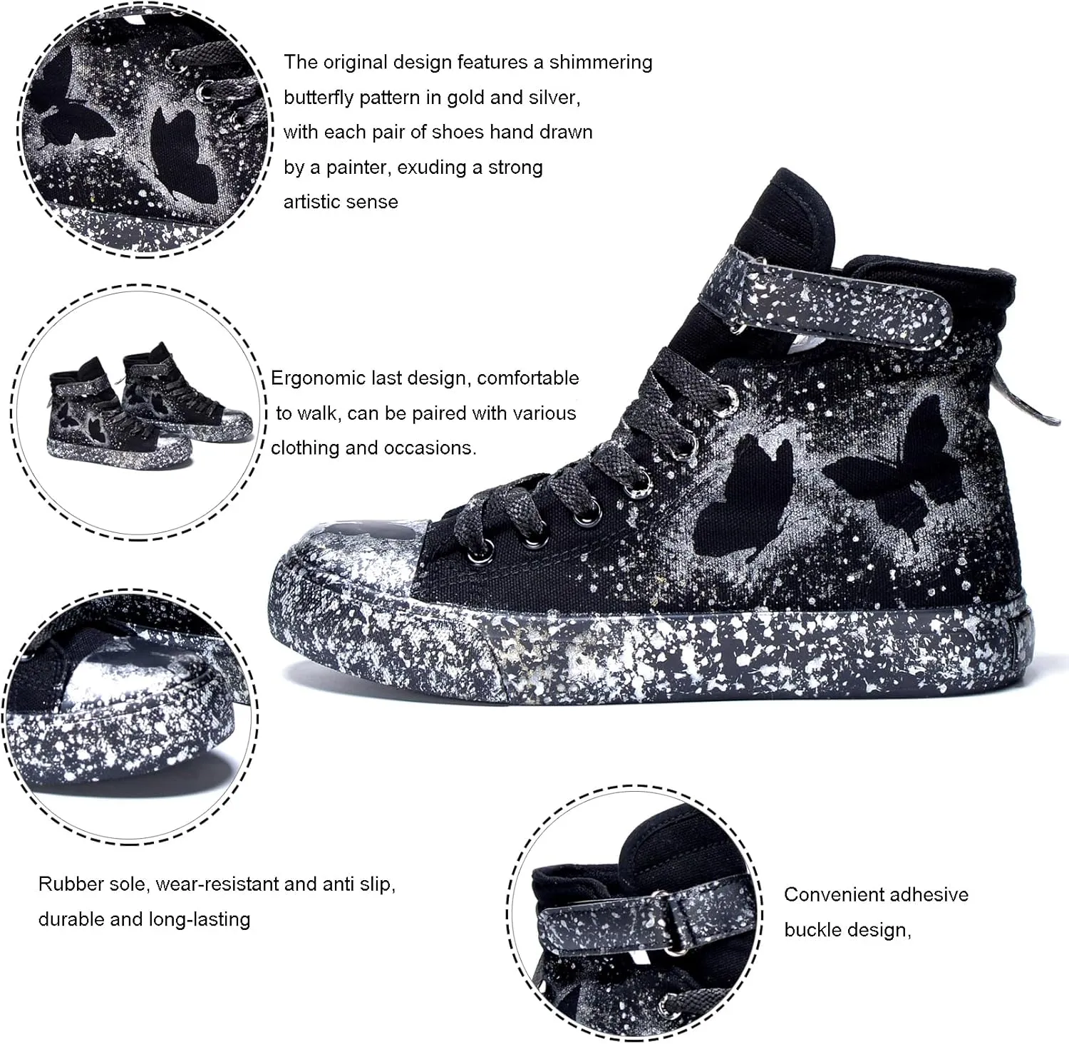 Women's Butterfly Pattern Sneakers Hand-Painted Fashion High Top Casual Lace Up Outdoor Shoes with Hook-and-Loop All-Season Comfort Easy Wear Shoes