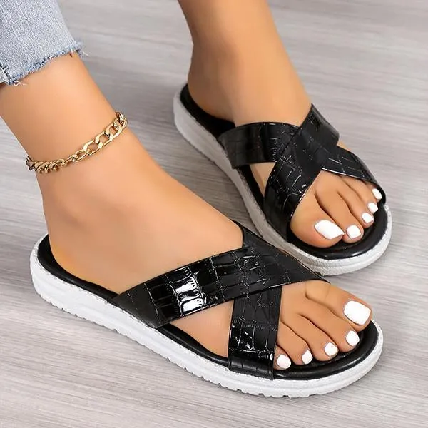 Women's Casual Stone Pattern Cross Strap Beach Slippers 19397874S