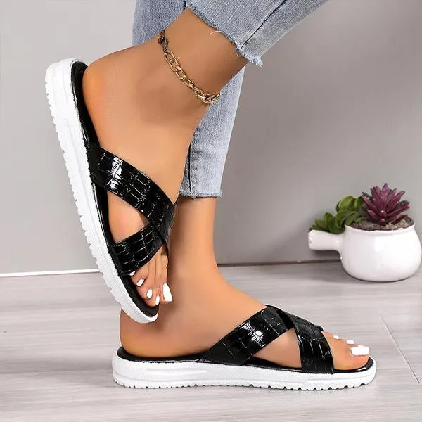 Women's Casual Stone Pattern Cross Strap Beach Slippers 19397874S