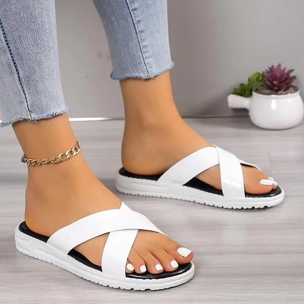 Women's Casual Stone Pattern Cross Strap Beach Slippers 19397874S