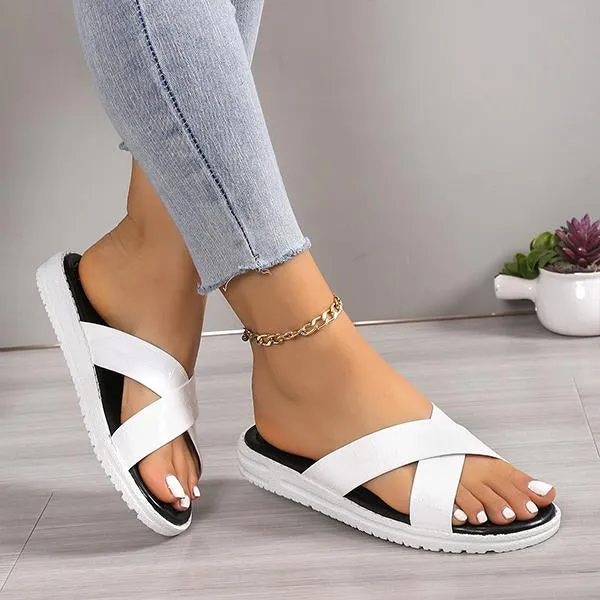 Women's Casual Stone Pattern Cross Strap Beach Slippers 19397874S
