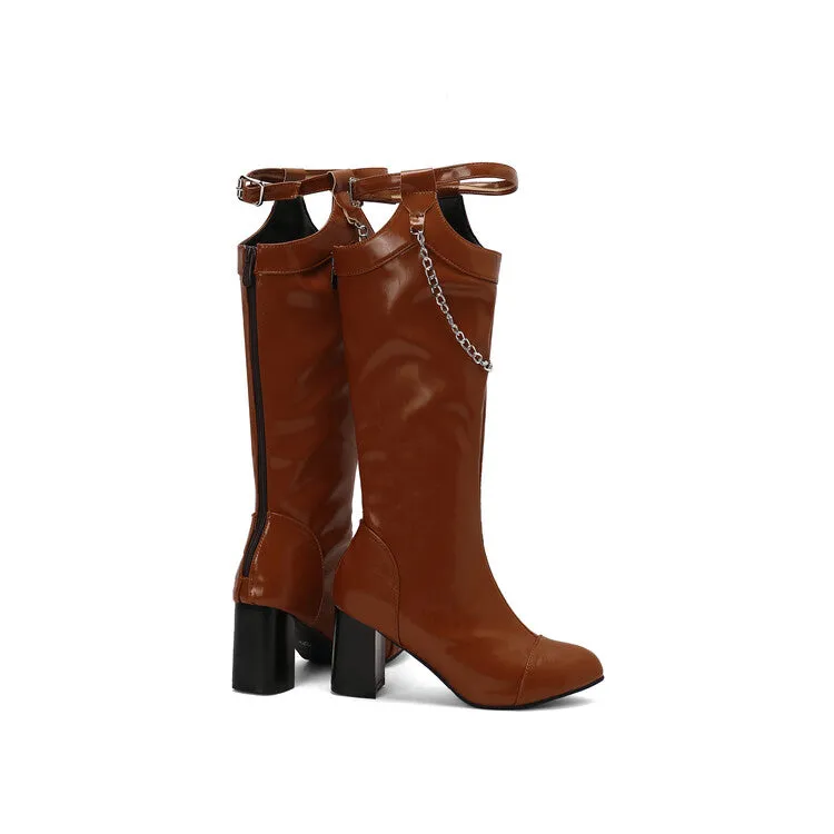 Women's Chains Pointed Toe Block Heel Knee High Boots