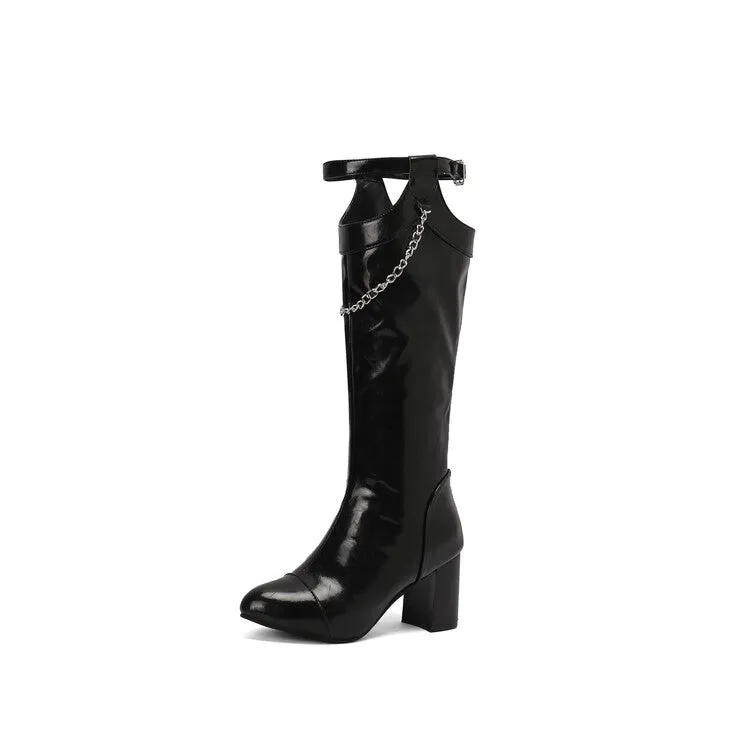 Women's Chains Pointed Toe Block Heel Knee High Boots
