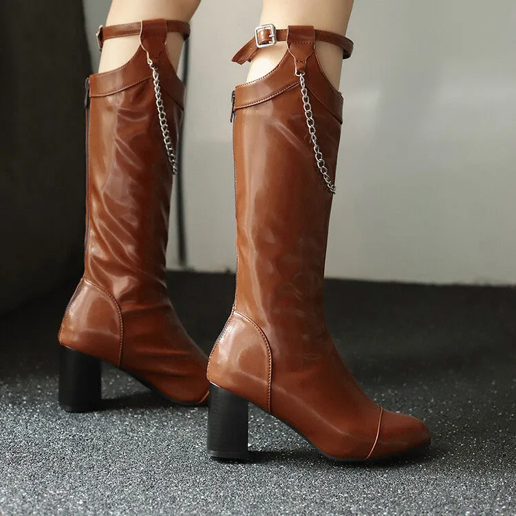 Women's Chains Pointed Toe Block Heel Knee High Boots