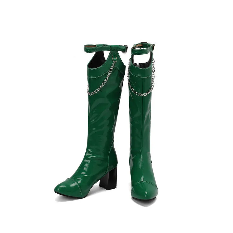 Women's Chains Pointed Toe Block Heel Knee High Boots