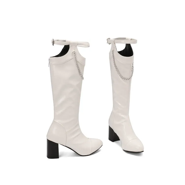 Women's Chains Pointed Toe Block Heel Knee High Boots