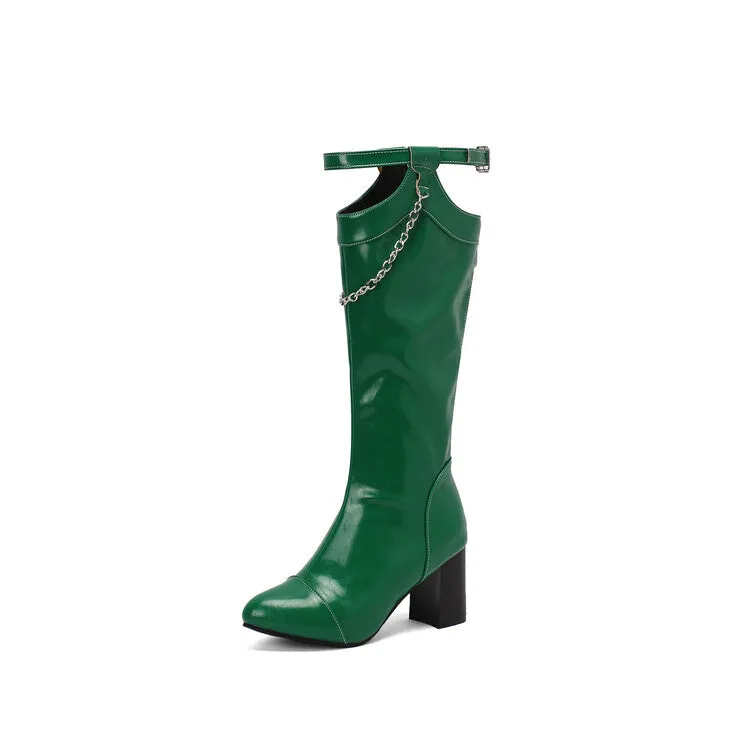 Women's Chains Pointed Toe Block Heel Knee High Boots