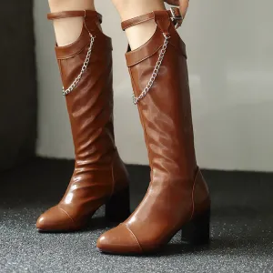Women's Chains Pointed Toe Block Heel Knee High Boots