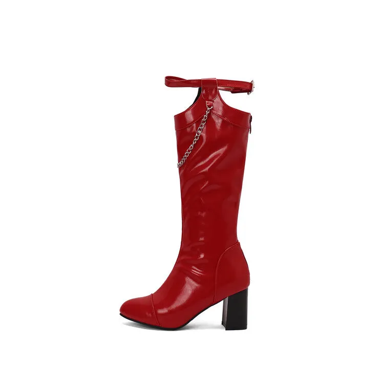 Women's Chains Pointed Toe Block Heel Knee High Boots