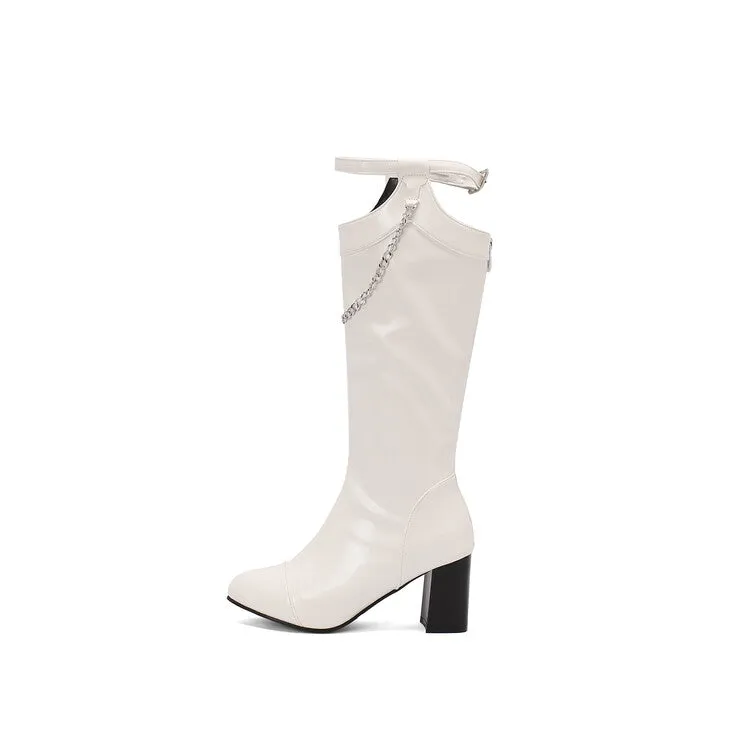 Women's Chains Pointed Toe Block Heel Knee High Boots