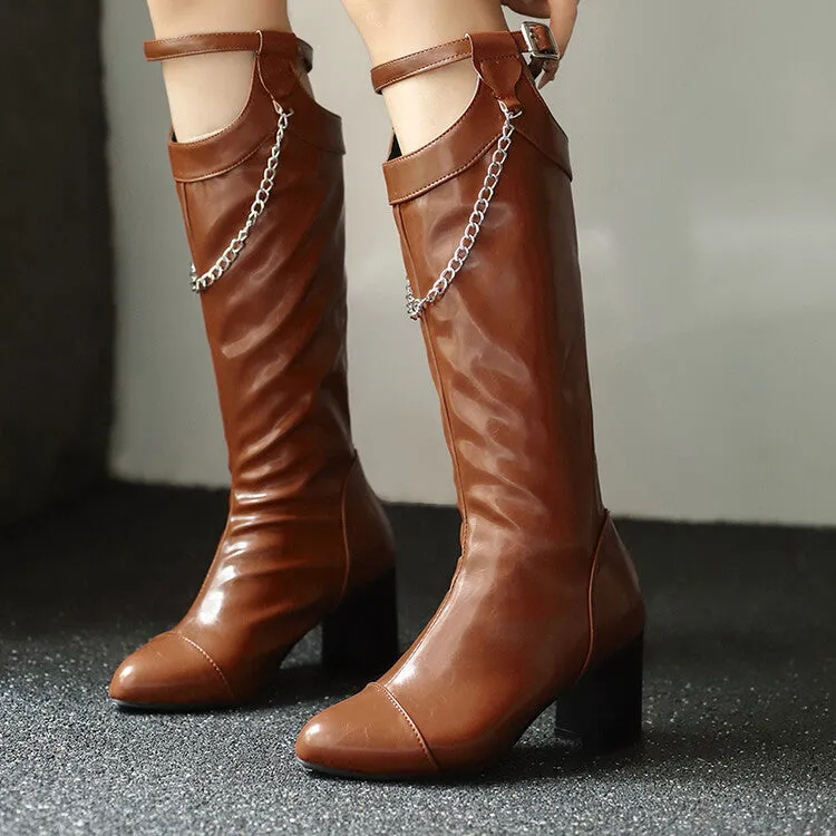 Women's Chains Pointed Toe Block Heel Knee High Boots