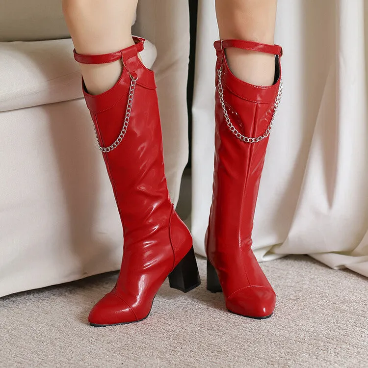 Women's Chains Pointed Toe Block Heel Knee High Boots