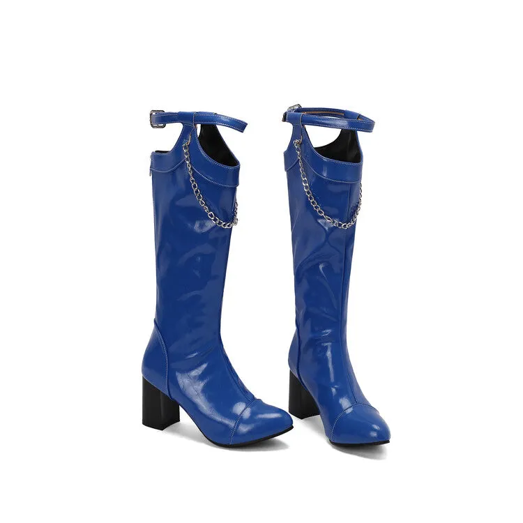 Women's Chains Pointed Toe Block Heel Knee High Boots