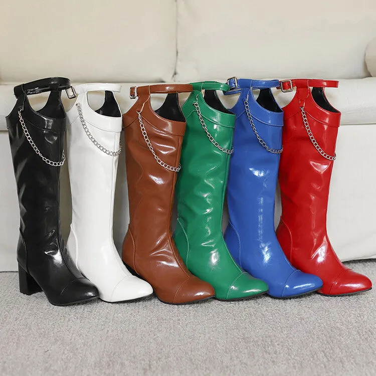 Women's Chains Pointed Toe Block Heel Knee High Boots