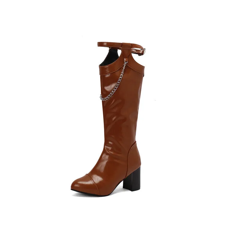Women's Chains Pointed Toe Block Heel Knee High Boots