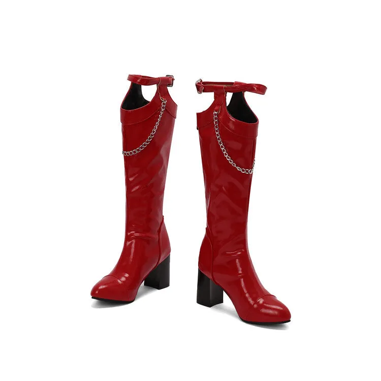 Women's Chains Pointed Toe Block Heel Knee High Boots