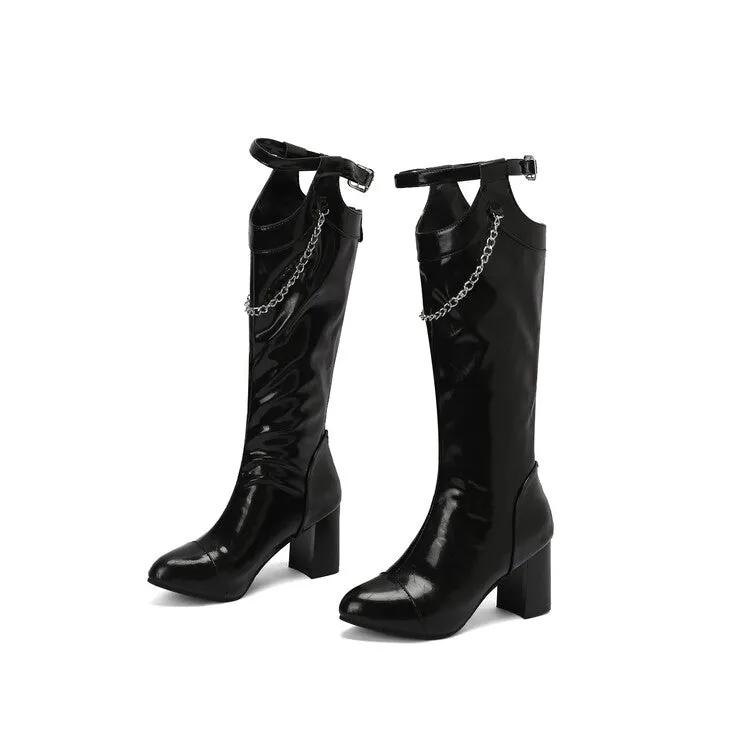 Women's Chains Pointed Toe Block Heel Knee High Boots