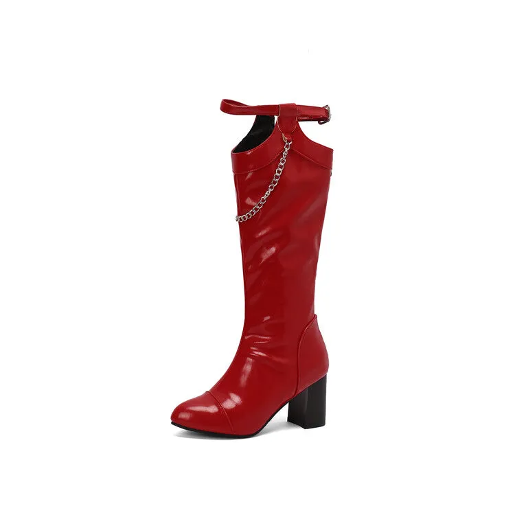 Women's Chains Pointed Toe Block Heel Knee High Boots