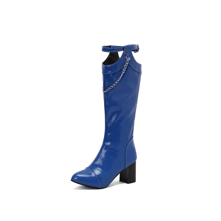 Women's Chains Pointed Toe Block Heel Knee High Boots