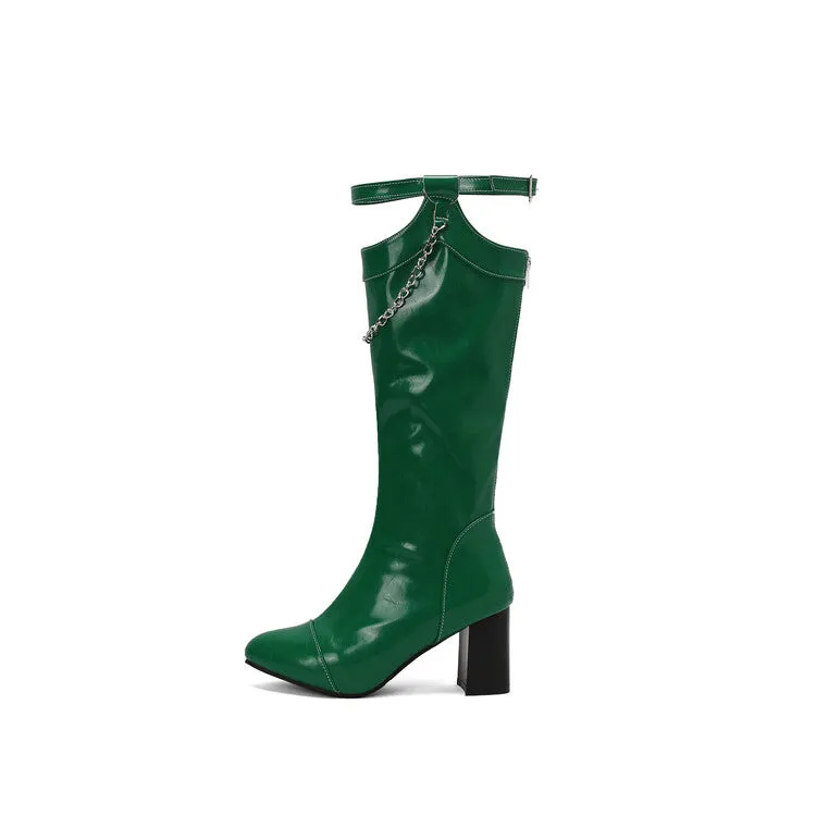 Women's Chains Pointed Toe Block Heel Knee High Boots